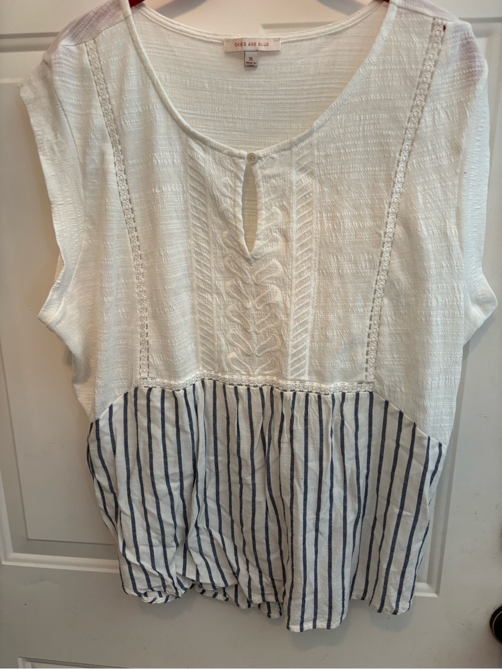 Skies Are Blue White Crochet Yoke Striped Peplum Tunic
